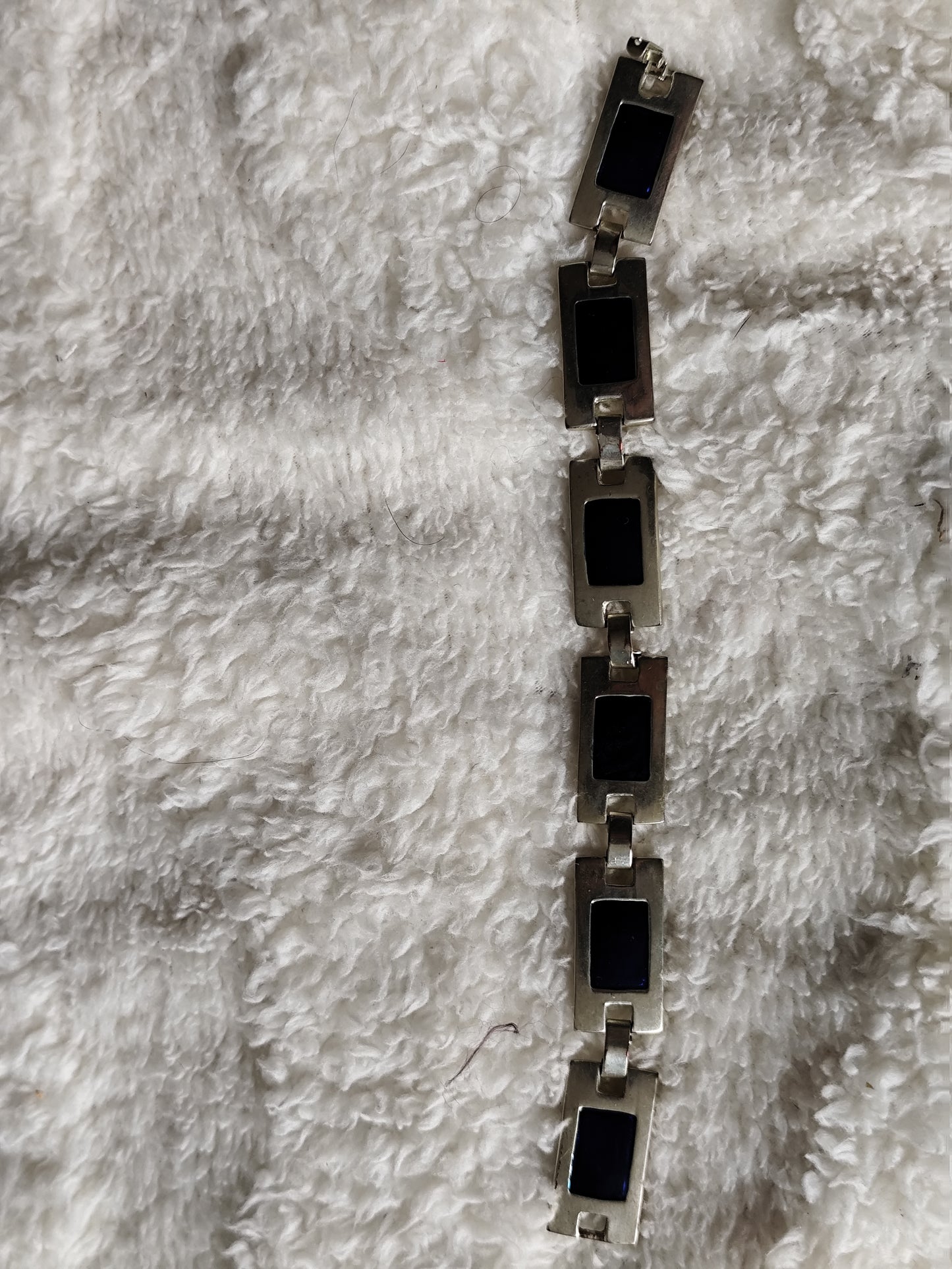 Bracelet vintage argenté à maillons rectangulaires bleu
