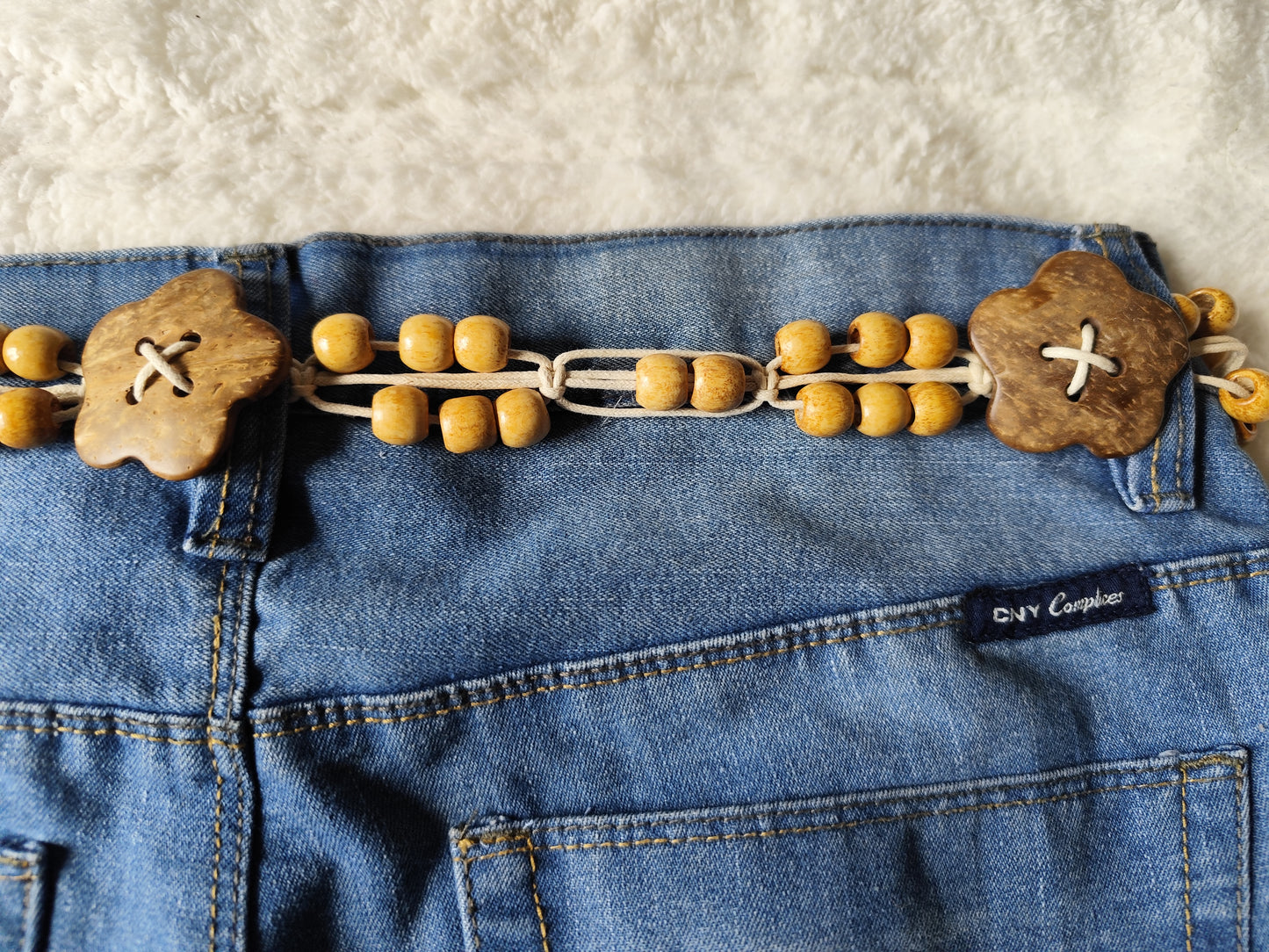 Ceinture bohème en perles bois & fleurs 70s - 75 cm