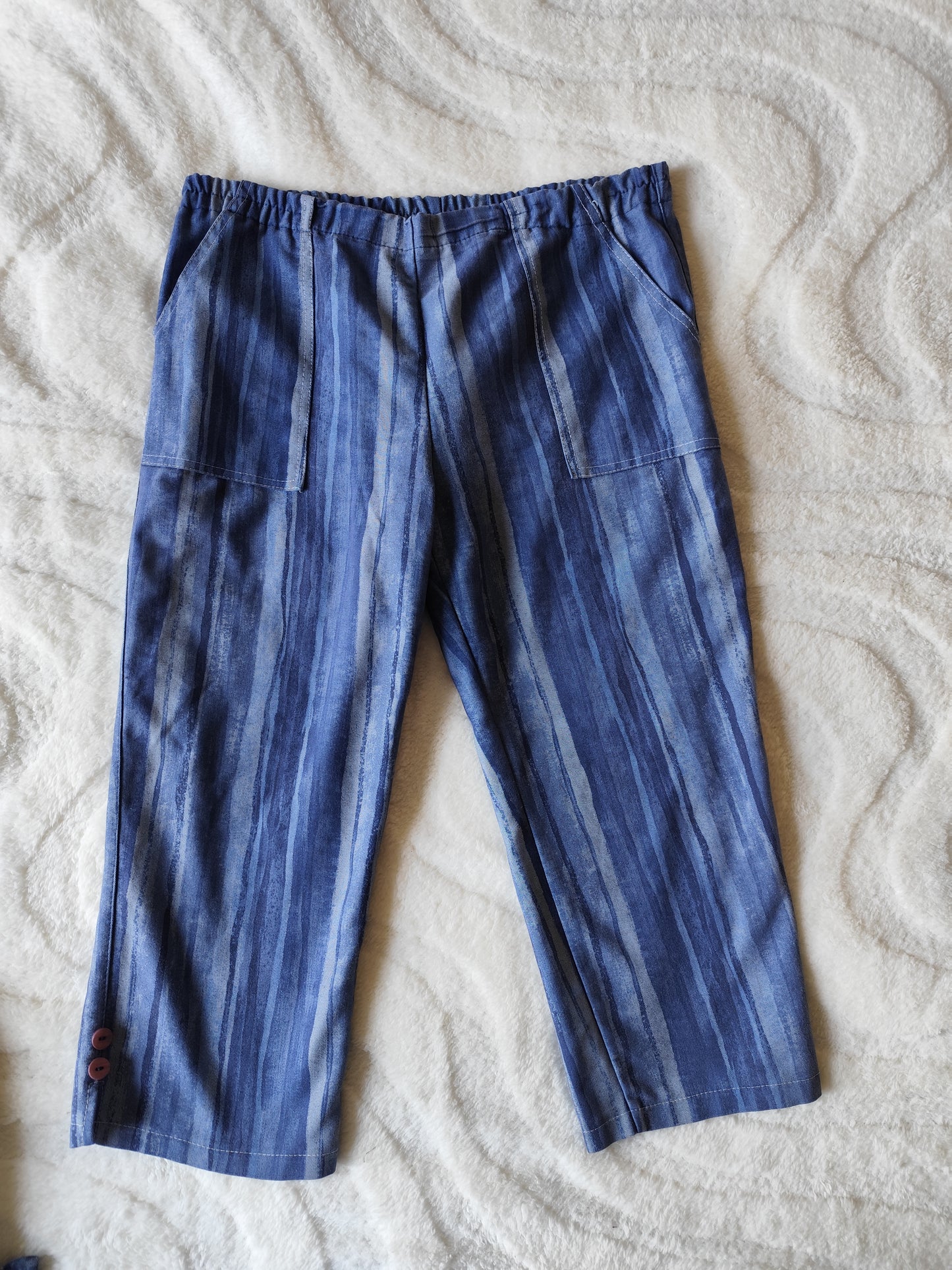 Ensemble vintage denim deux pièces à rayures bleu – Made in France – T. 44