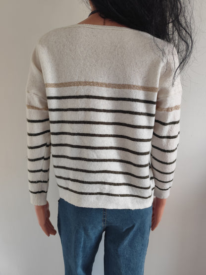 Pull marinière kaki et beige rayé laine mérinos et cachemire - taille 38/40